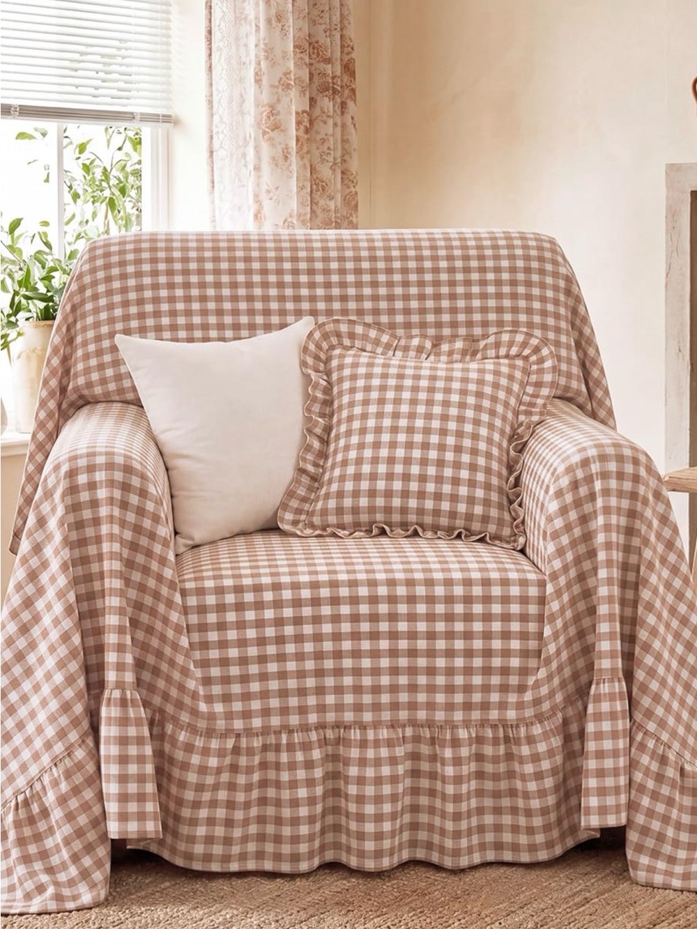 Beige Gingham Slipcover Set with Ruffled Pillow - Neutral Home Accents 91x71